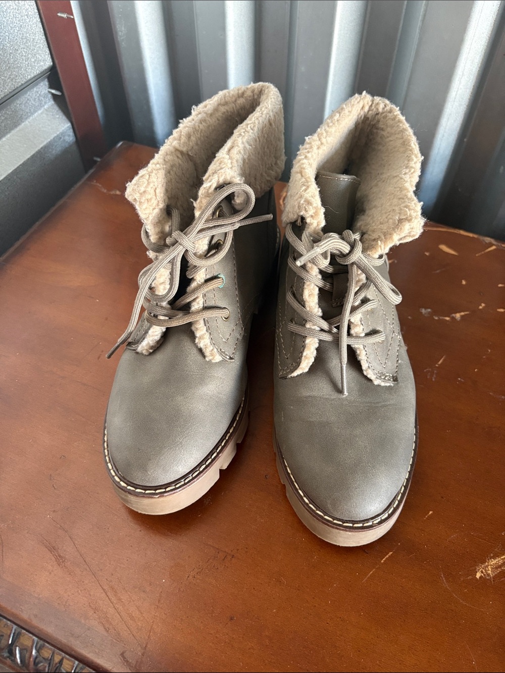 Sonoma Taupe Lace-Up Faux-Shearling Ankle Boots